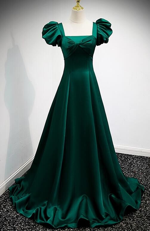 A-line Long Green Formal Dress With Puffy Sleeves