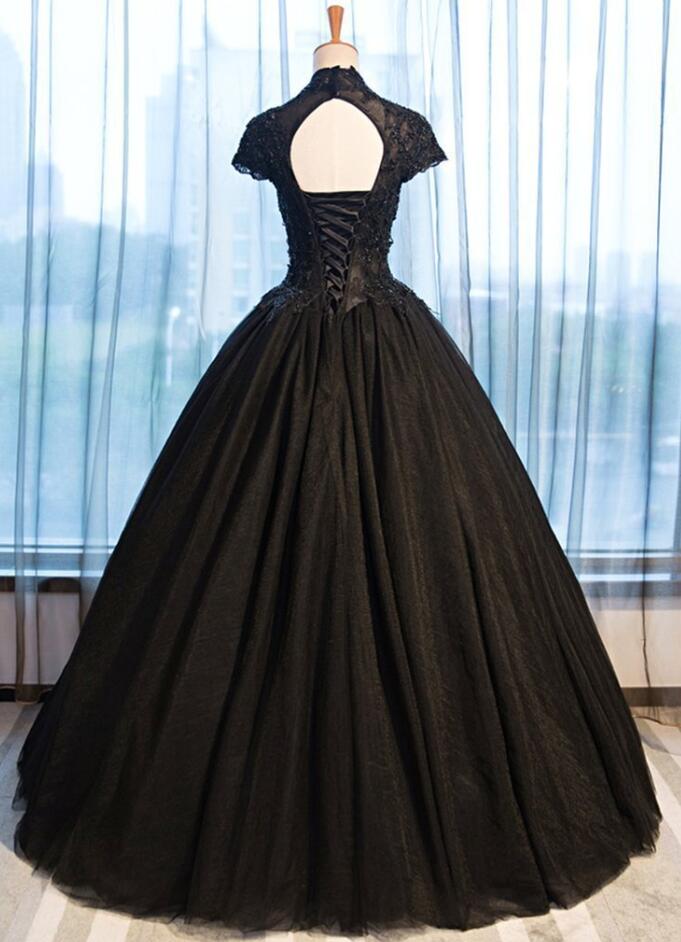 Ball Gown Black Cap Sleeves Long Tulle Prom Dress on Luulla