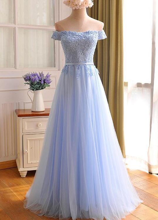Elegant Light Blue Off Shoulder Lace Applique Top Long Prom Dress
