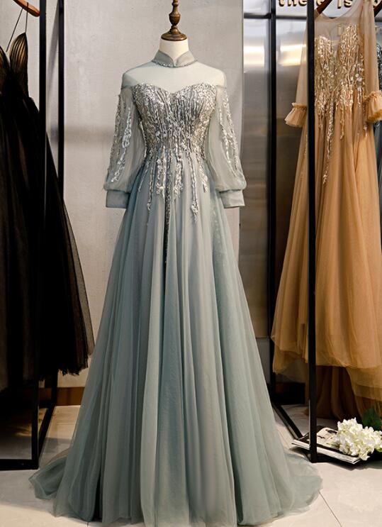 Charming A Line Tulle Long Sleeves Beaded And Lace Party Dress