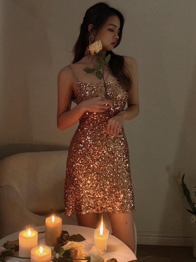 Rose Gold Formal Dresses, Sexy Formal Dress, Sparkly Evening Dress