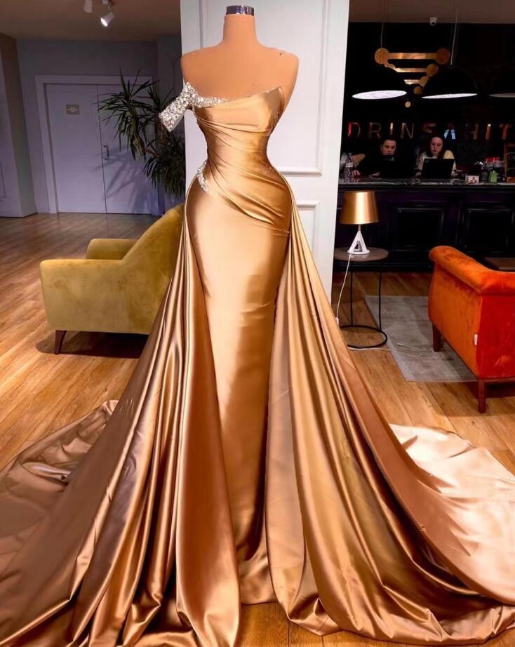 Off The Shoulder Gold Prom Dresses, Beaded Prom Dresses