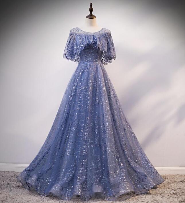 Charming Blue Shiny Tulle And Lace Long Formal Dress