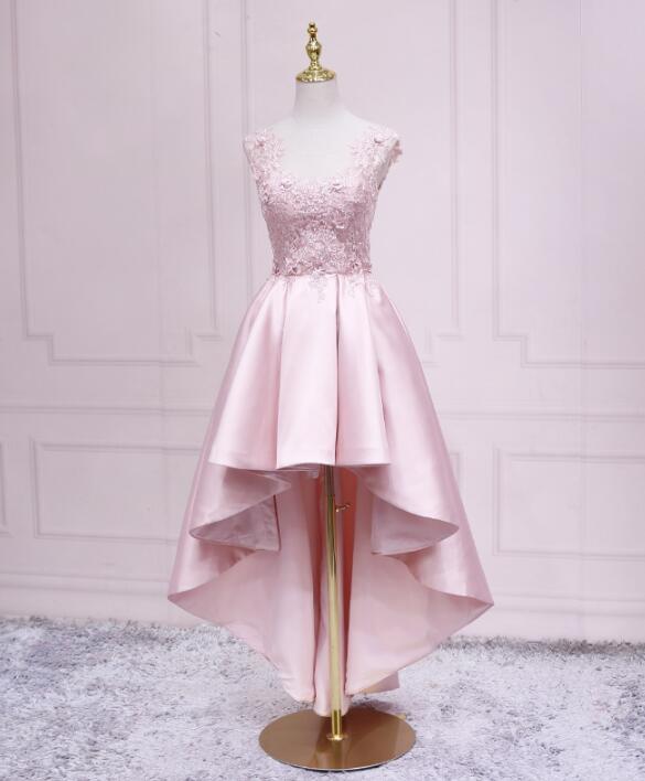 High Low Pink Satin Prom Dress With Lace on Luulla