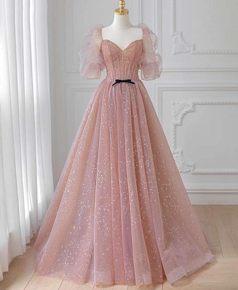 Princess A Line Pink Tulle Puffy Sleeves Long Prom Dresses