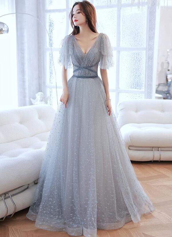 grey puffy dress Shiny V Neck Fluffy Gray Tulle Long Prom Dresses, V Neck Grey Formal Evening Dresses, Gray Ball Gown SP2542
