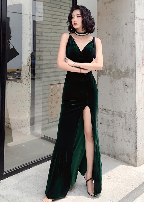 Sexy Dark Green Velvet Long Prom Dress With High Leg Slit