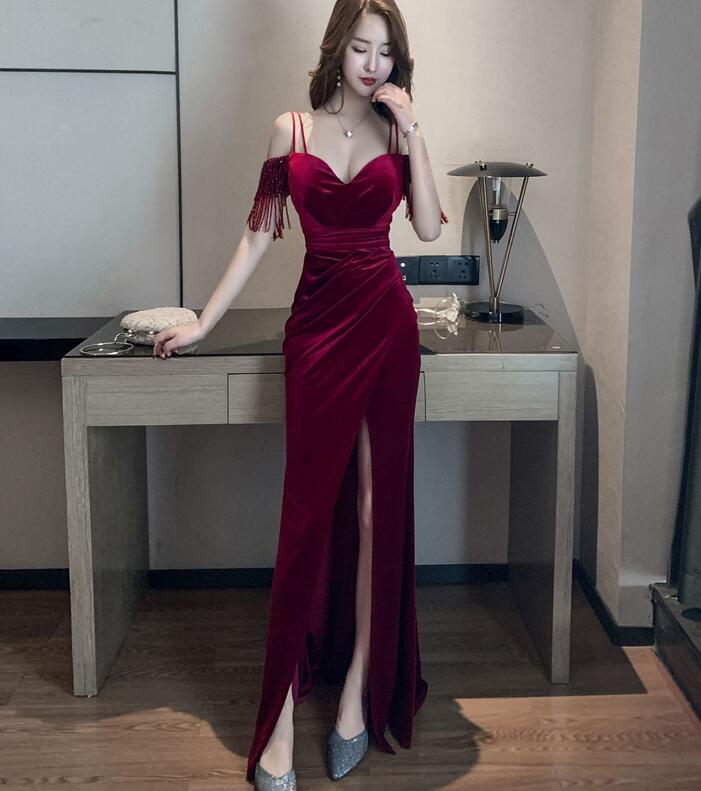 Wine Red Velvet Mermaid Long Evening Dresses