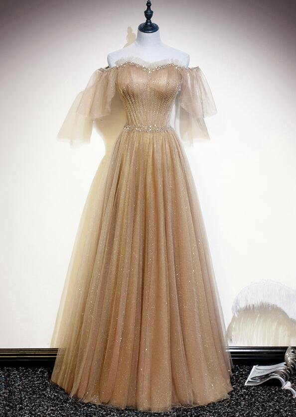 Lovely Off Shoulder Light Champagne Shiny Tulle Long Party Dress