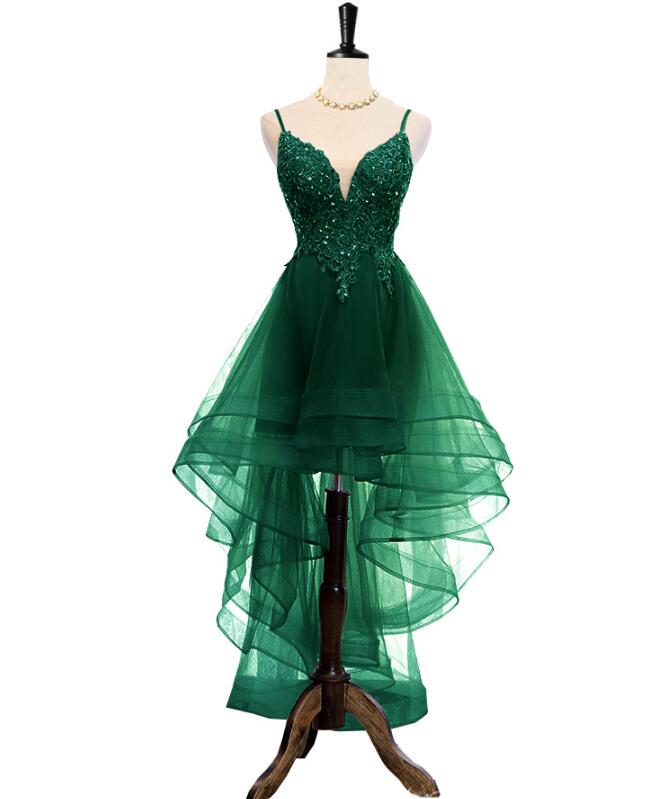 Charming Dark Green High Low Party Dress with Lace