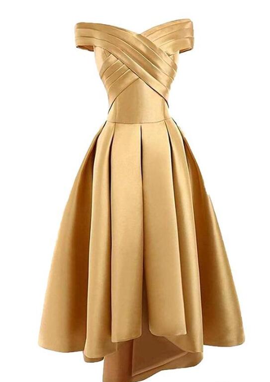 Off Shoulder High Low Gold Satin Homecoming Dresses Off Shoulder High Low Gold Satin Homecoming Dresses