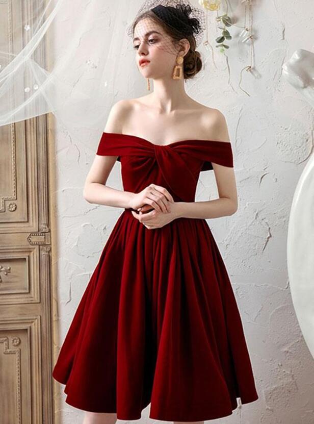 Off Shoulder Wine Red Velvet Homecoming Dresses