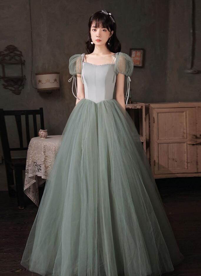 Princess Lovely Green Tulle Cap Sleeves Long Prom Dress