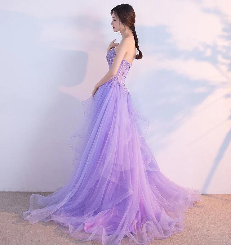 Sweetheart Keyhole Lilac Ruffle Tulle Long Prom Dress with Slit AB4041201 main image 0