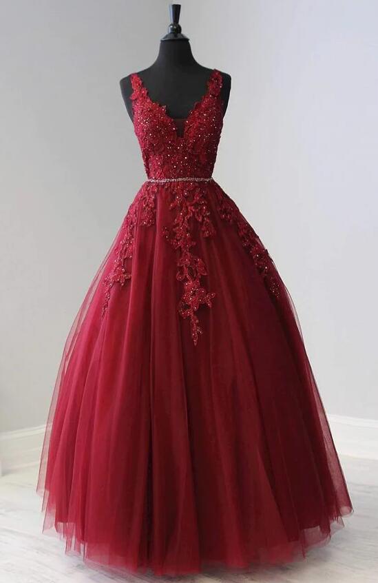 A-line V Neck Tulle Lace Prom Dress Fromal Evening Dress