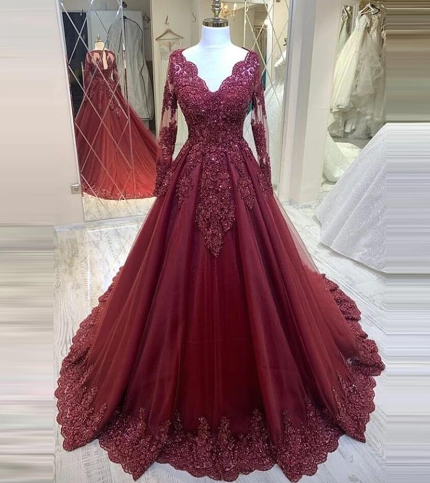 Women's Sexy V-neck Lace Decal A-line Long Sleeve Wine Red Prom Dresses