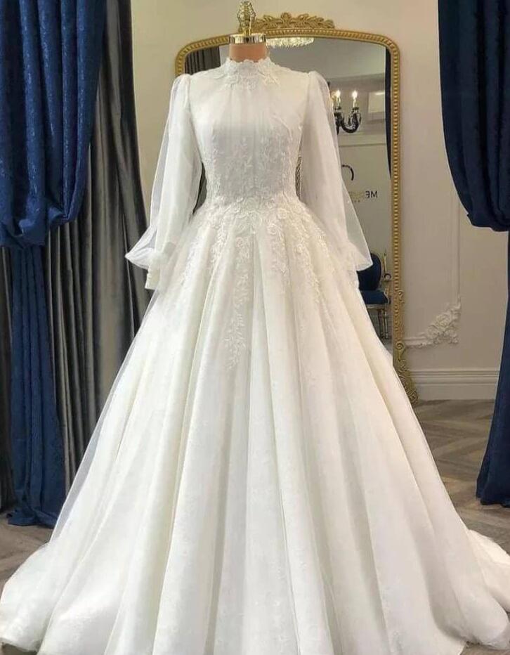 High Neck Muslim Wedding Dress 2023 Long Sleeves Bridal Gown