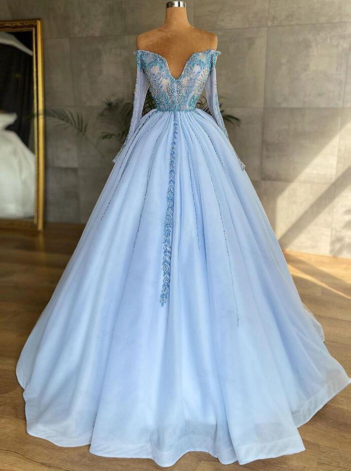 Off The Shoulder Light Blue Ball Gown Evening Dresses With Sleeves on ...