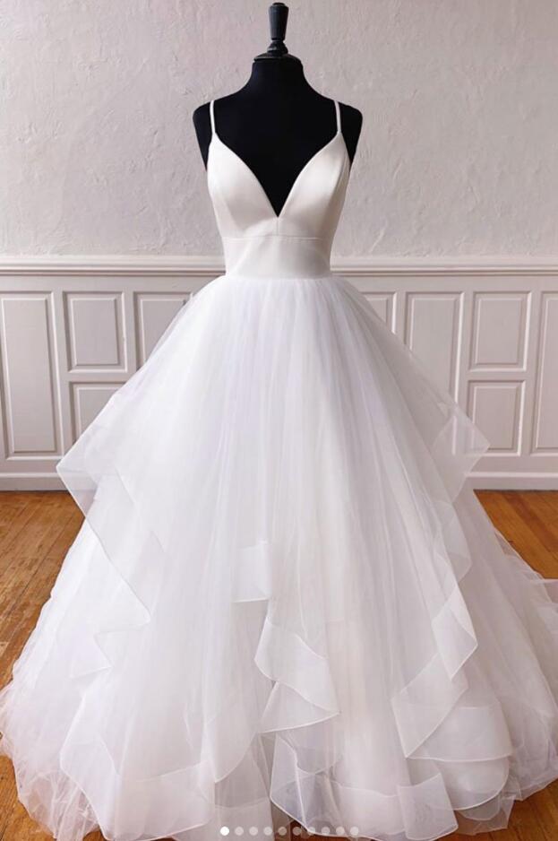 A Line White V Neck Tulle Long Prom Dress