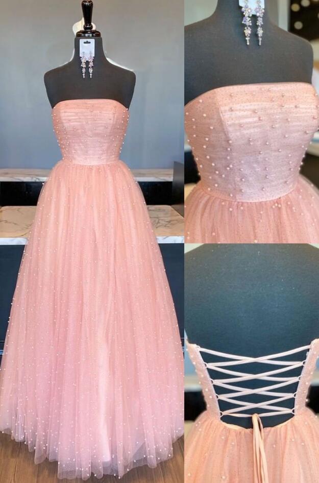 A-line Long Pink Tulle Prom Dress