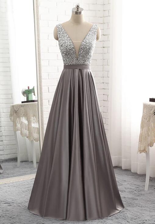 A Line Grey Satin Skirt Long Prom Dresses