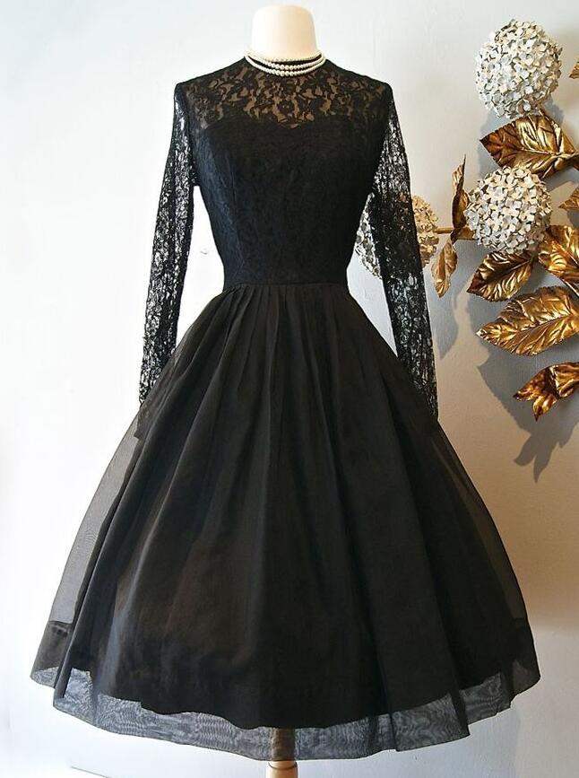 Cute Black Lace Long Sleeve Prom Dress