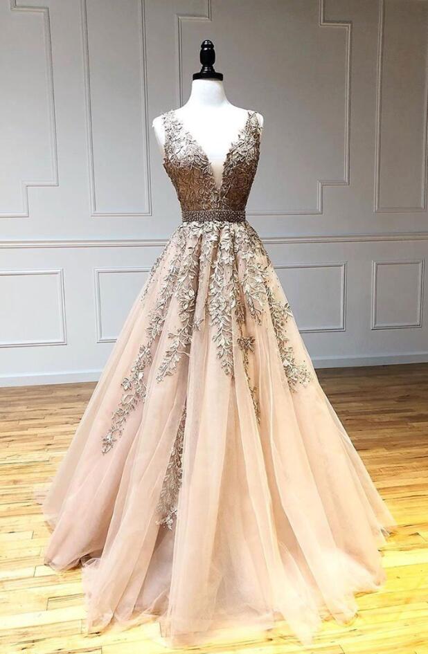 A Line Champagne V Neck Tulle Lace Beads Long Prom Dress