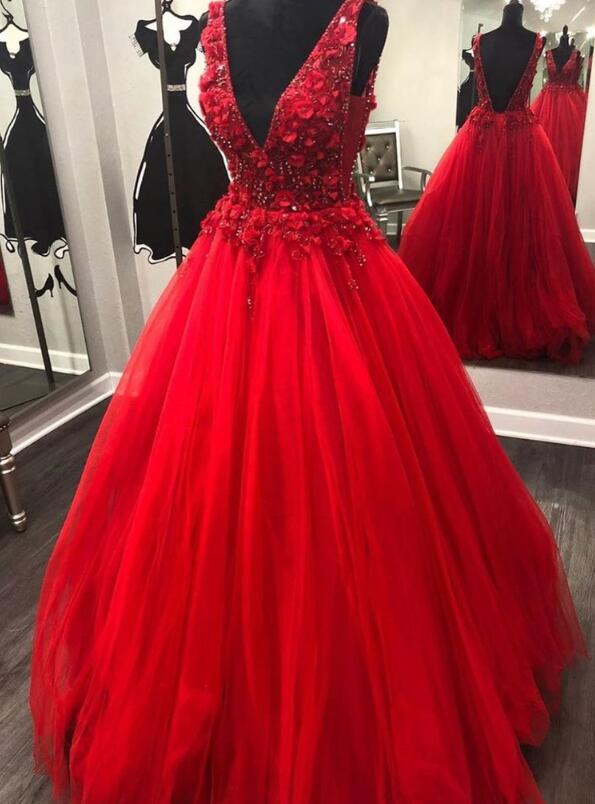 Floor Length V Neckbeading Red Lace Floral Prom Dresses