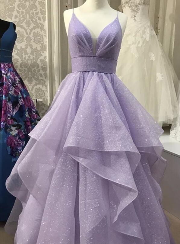 Beautiful Shiny V Neck Puffy Long Purple Prom Dresses