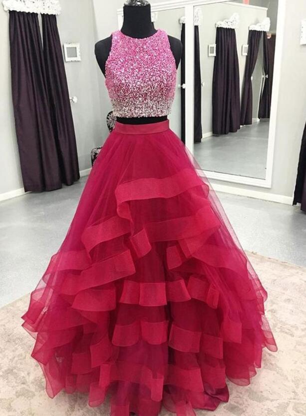 Two Piece Round Neckburgundy Tulle Sequins Prom Dresses