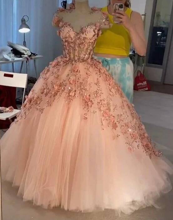 Pink Tulle Prom Dresses With Flowers