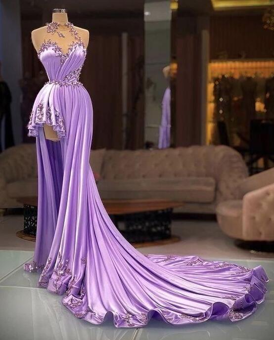 Special High Neck Purple Beaded Prom Dresses For Women