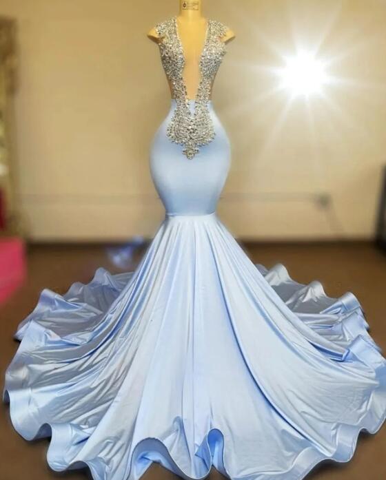 Elegant Light Blue Prom Dresses For Silver Crystal Beading