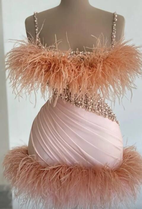 Elegant Straps Pink Prom Dresses With Feathers Pearls