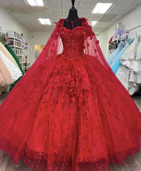 Ball Gown Tulle Cape Red Quinceanera Dresses 3d Flowers
