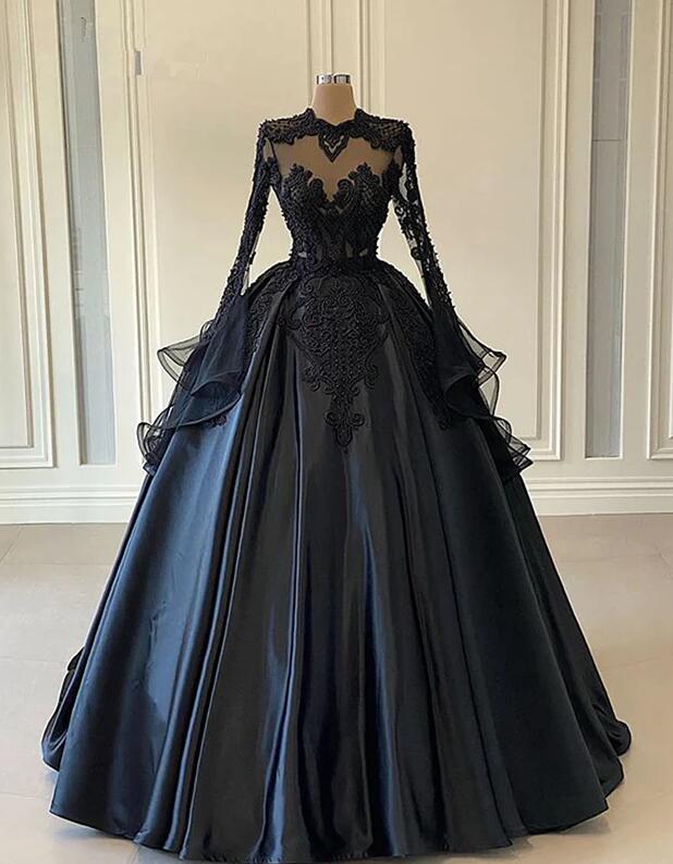 A Line Ball Gown Black Long Sleeves Lace Prom Dresses With Beading