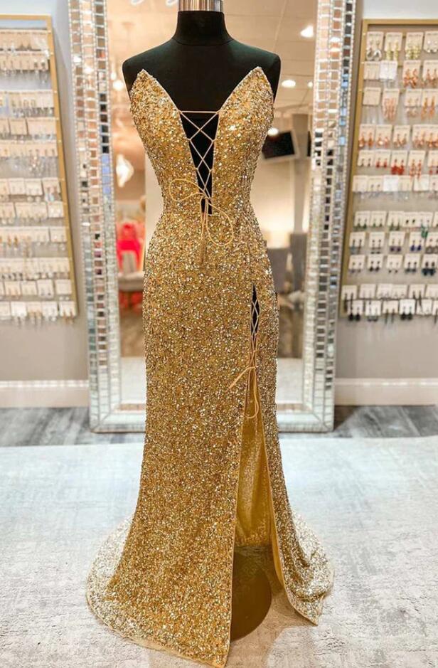 Mermaid V Neck Golden Sequins Long Prom Dress With Slit