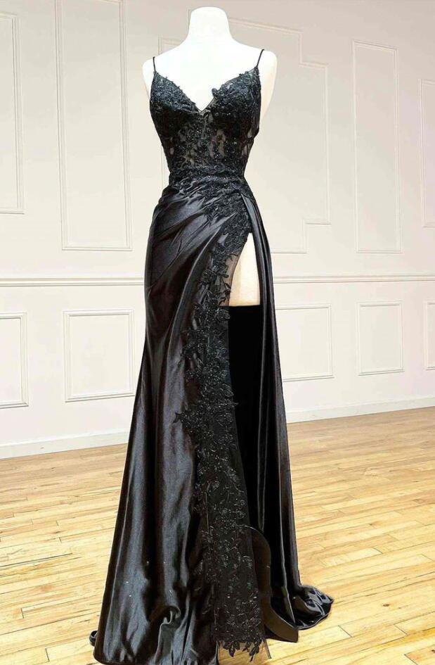 Deep V Neck Black Prom Dresses with Appliques Lace Satin Side Slit Evening Dresses main image 1