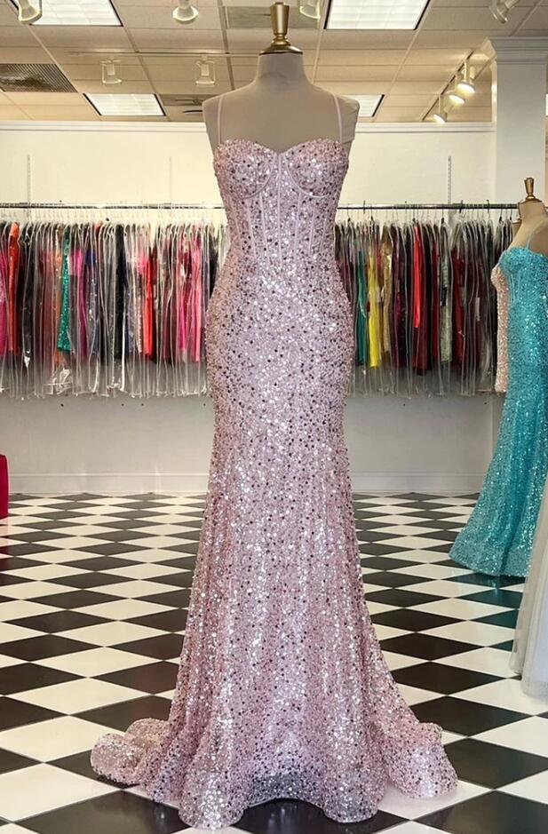 Mermaid Shiny Sequins Pink Long Prom Dresses