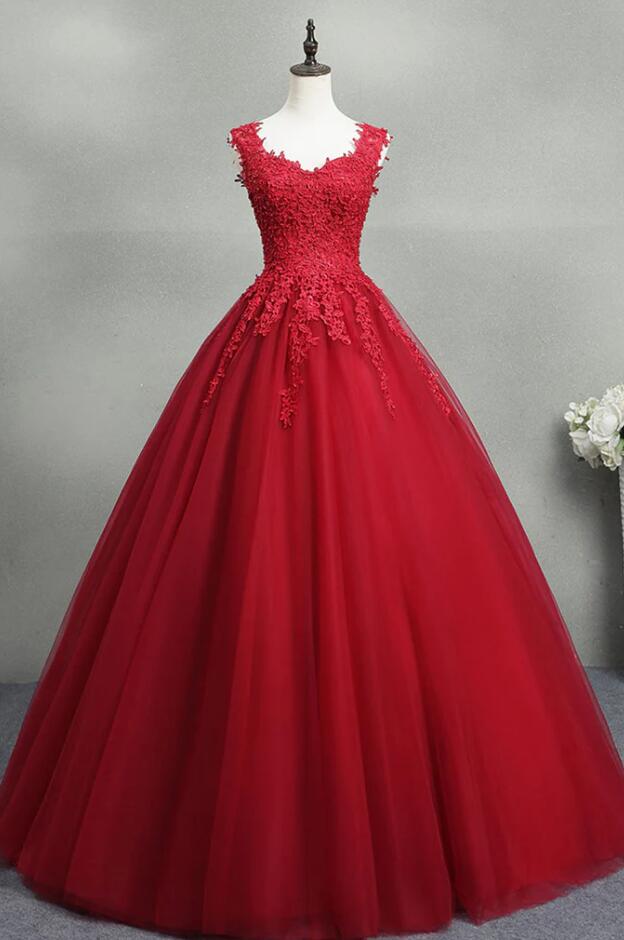 A Line Open Back Red Lace Long Prom Dresses