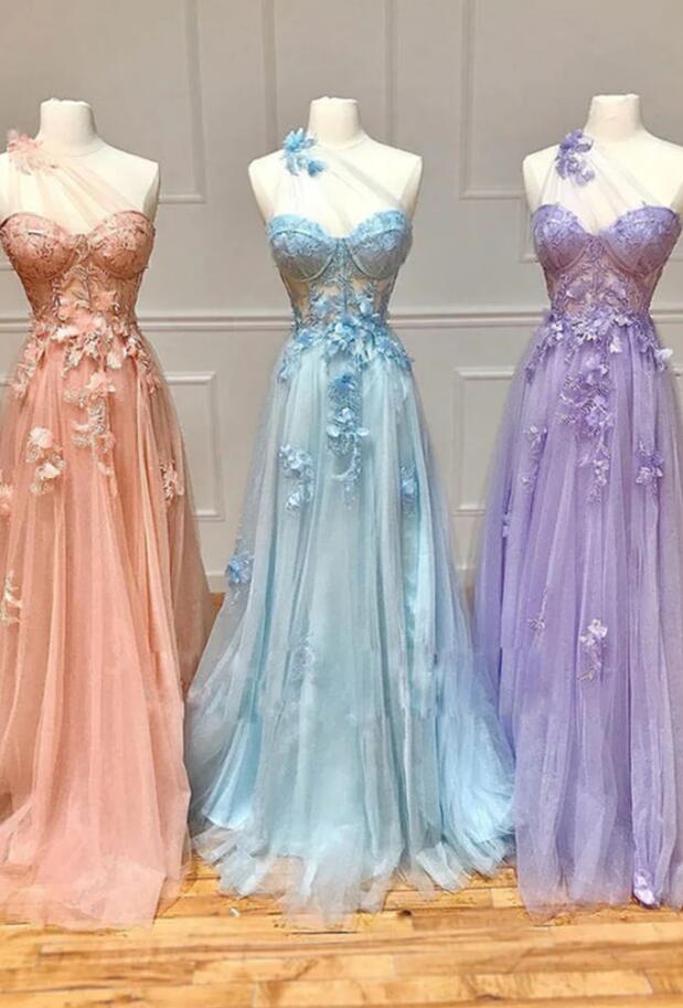 One Shoulder Pink/blue/purple Floral Long Prom Dresses