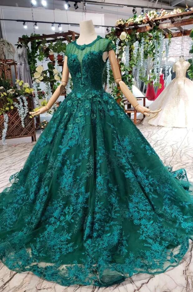 Round Neck Open Back Green Lace Prom Dresses