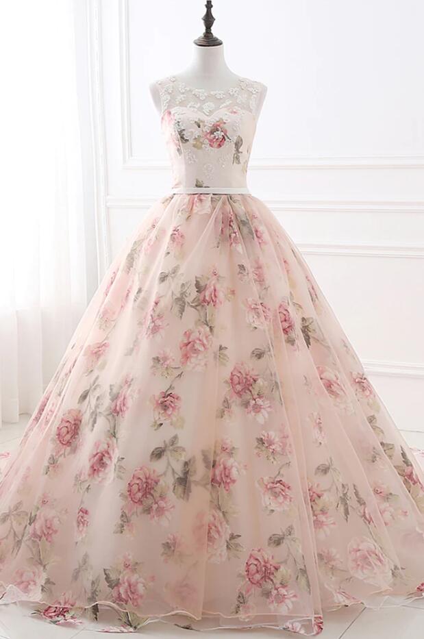 Gorgeous Round Lace Appliques Pink Long Prom Dresses