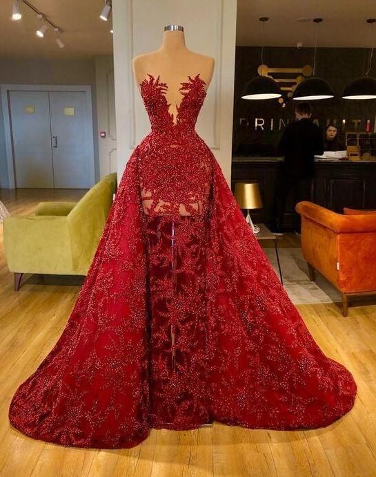A Line Red Prom Dresses Detachable Skirt Beading Sequins