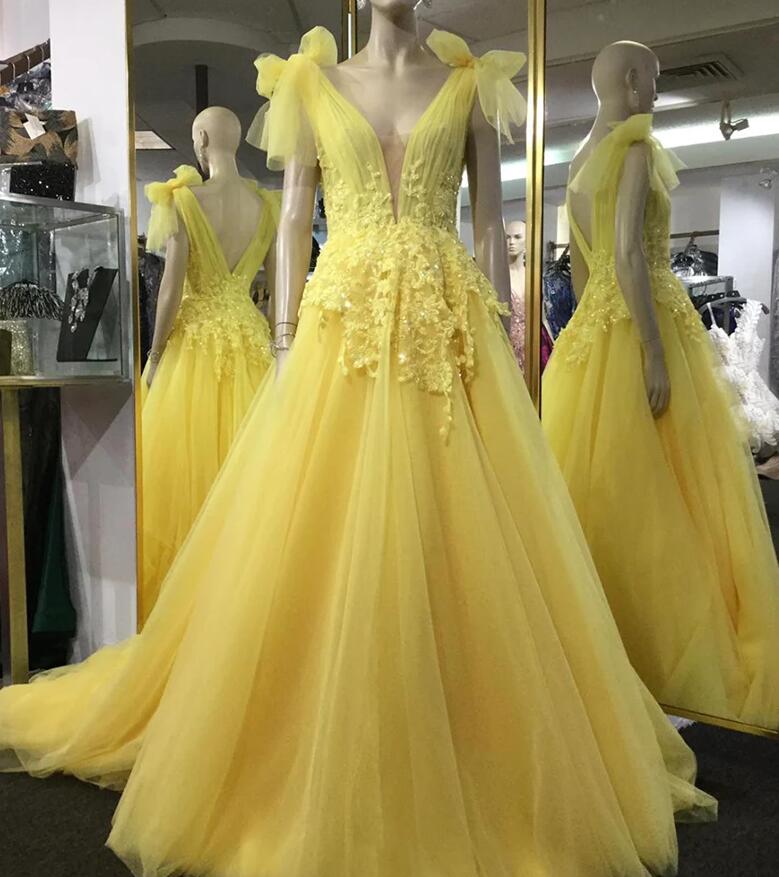 Simple Yellow V Neck Tulle Lace Prom Dress
