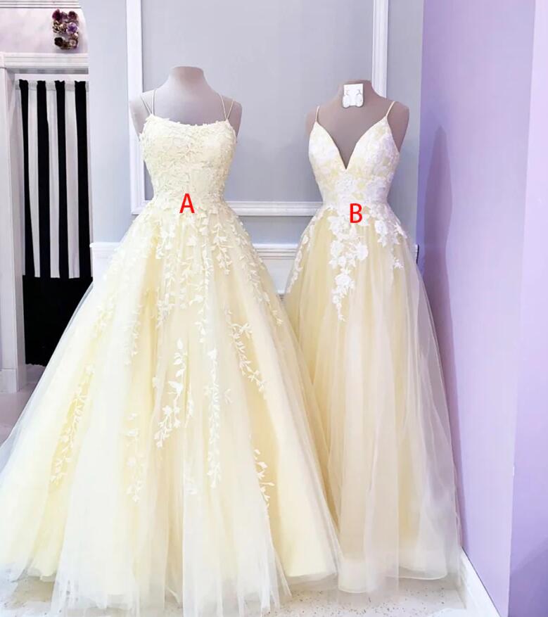 Straps Yellow Lace Tulle Long Prom Dresses