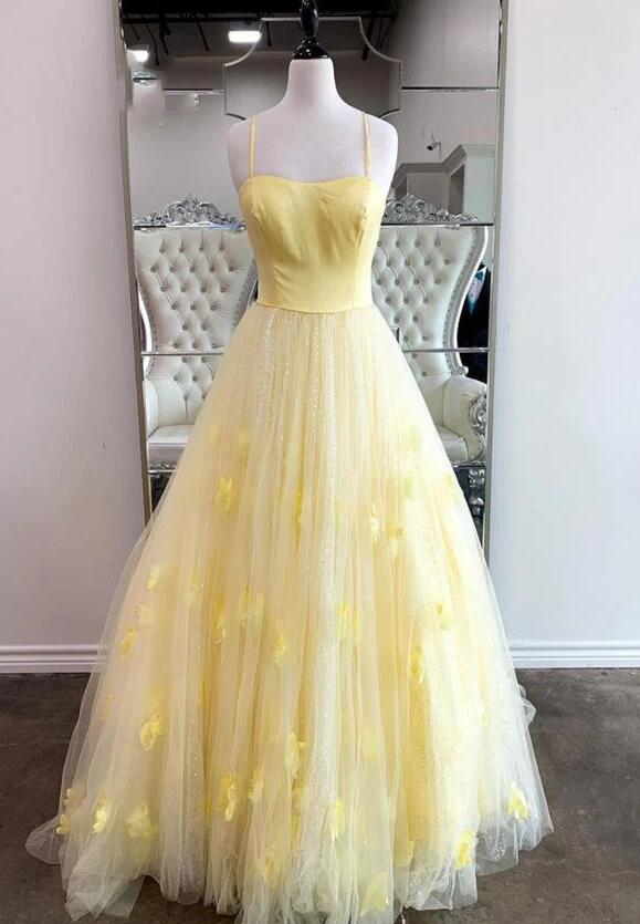 A Line Yellow Tulle Long Prom Dresses