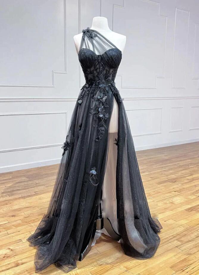 A-line Black Tulle Lace Black Long Prom Dress
