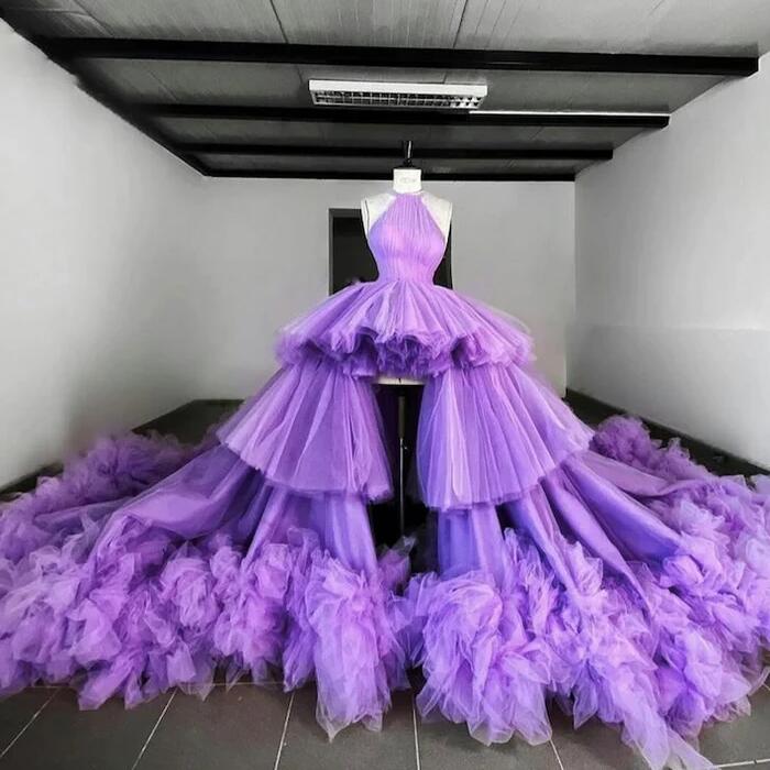 High Low Ball Gown Purple Tulle Prom Dresses