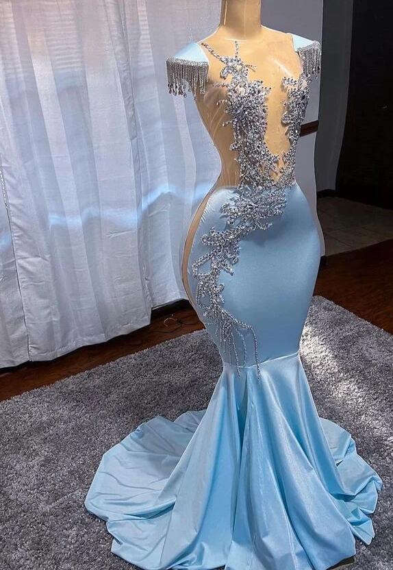 Sexy Long Blue Embellished Evening Dress With Beading